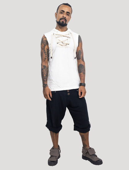 Black 'Taiji' Striped Linen ¾ Pants - Psylo Fashion