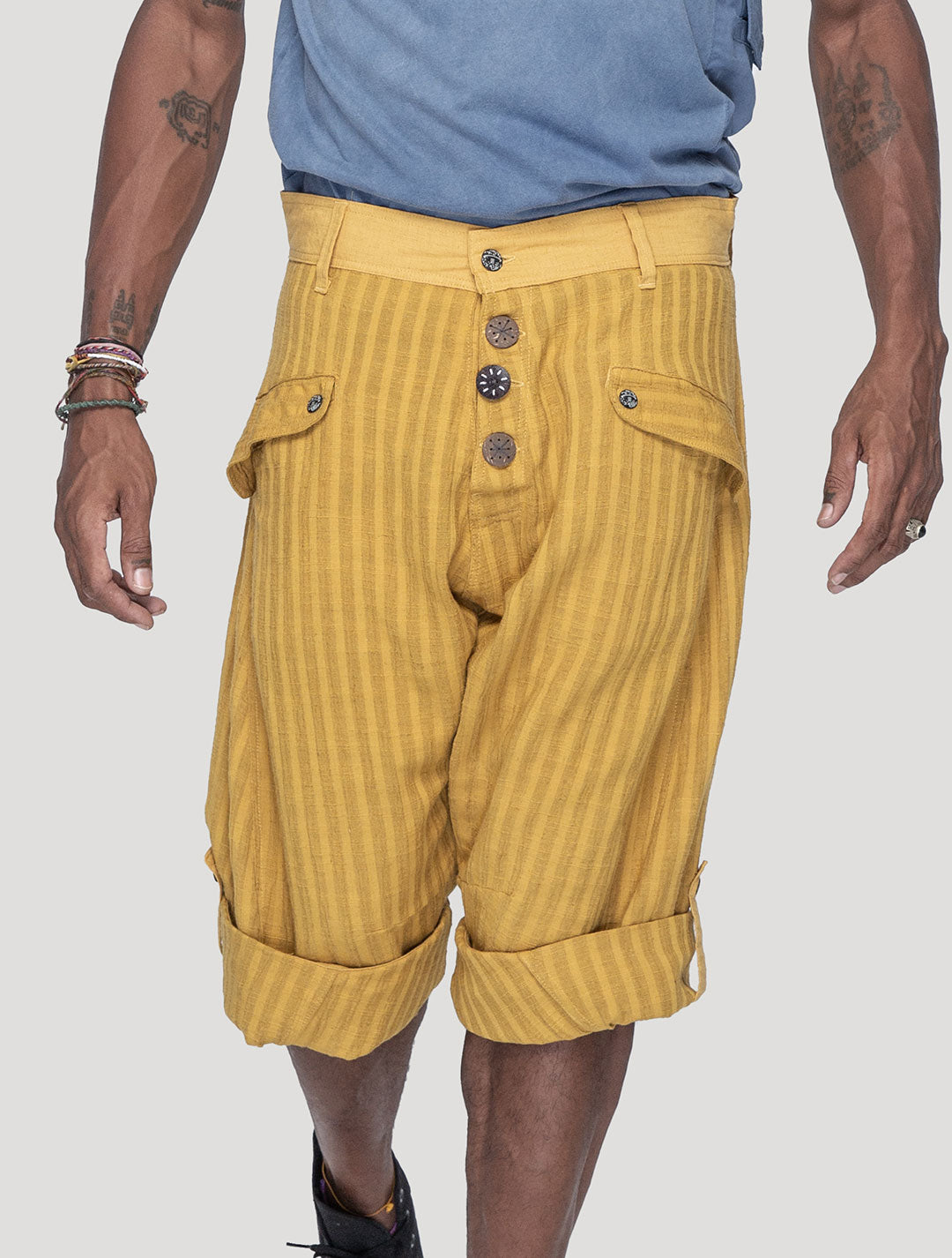 Saffron 'Taiji' Striped Linen ¾ Pants - Psylo Fashion