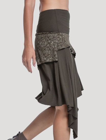 Olive Green 'Drag' Organic Cotton Asymmetric Midi Skirt by Psylo Fashion
