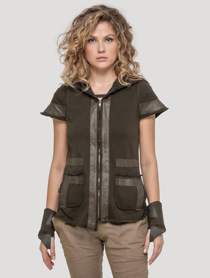 Olive green Ginger Short Sleeves Hoodie Jacket - Psylo Fashion