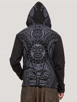Black Long Necka Hooded Jacket | Tribal Tattoo-Style Zipped Hoodie by Psylo Fashion