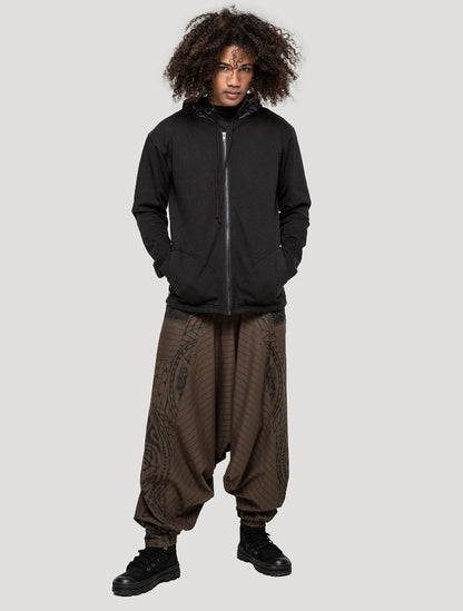 Black Long Necka Hooded Jacket | Tribal Tattoo-Style Zipped Hoodie by Psylo Fashion
