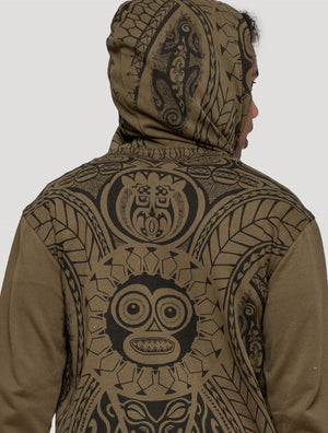 Olive green Long Necka Hooded Jacket | Tribal Tattoo-Style Zipped Hoodie by Psylo Fashion