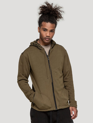 Olive green Long Necka Hooded Jacket | Tribal Tattoo-Style Zipped Hoodie by Psylo Fashion