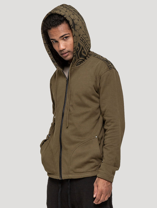 Olive green Long Necka Hooded Jacket | Tribal Tattoo-Style Zipped Hoodie by Psylo Fashion