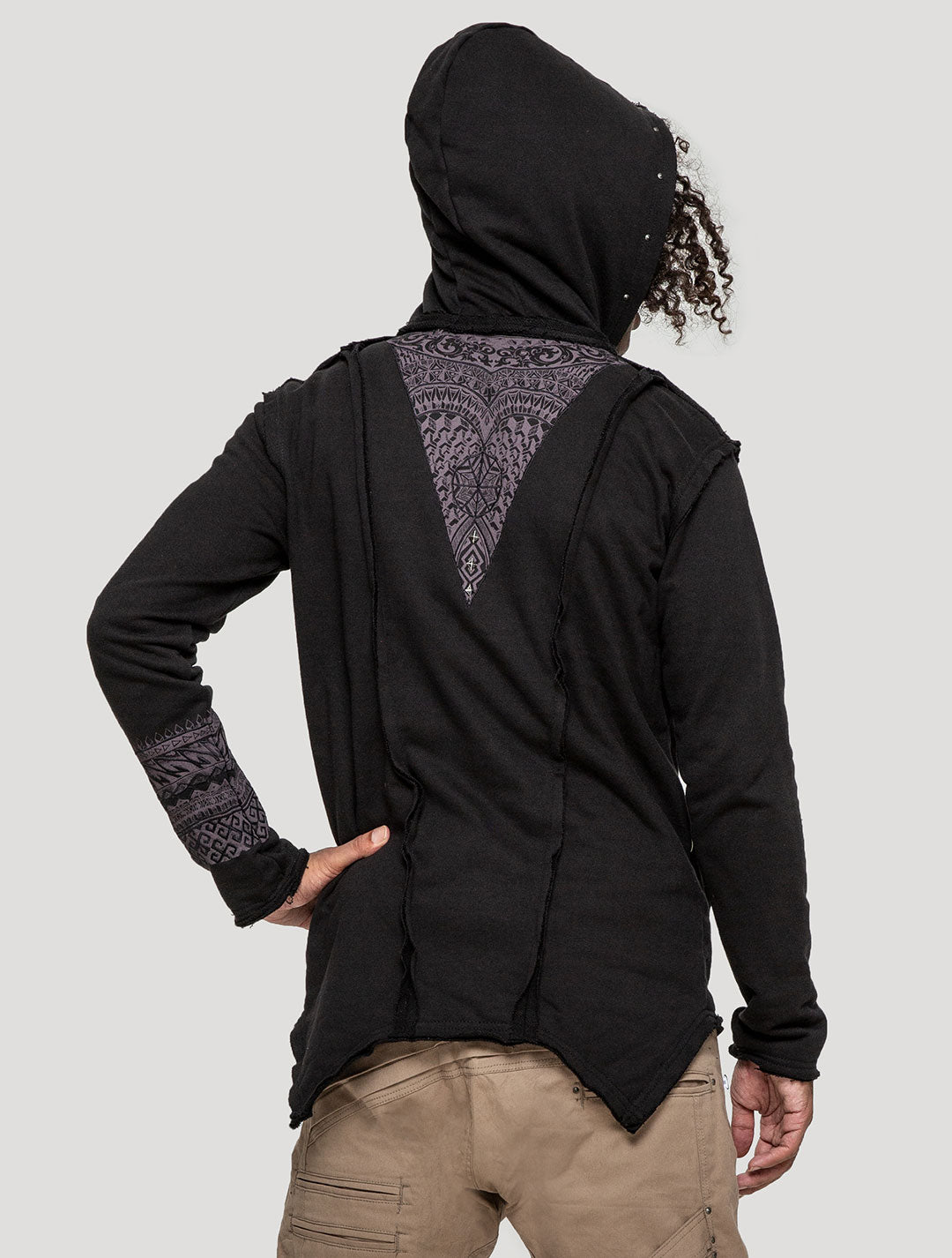 Black 'Maya' Tribal Hooded Jacket | Tattoo-Style Zipped Hoodie by Psylo Fashion