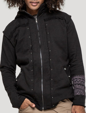 Black 'Maya' Tribal Hooded Jacket | Tattoo-Style Zipped Hoodie by Psylo Fashion