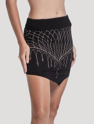'Net' Printed Organic Cotton Lycra Black Mini Skirt by Psylo Fashion