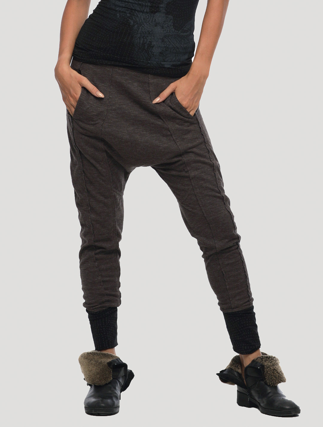 Casual Black Drop Crotch Pants with Overlap