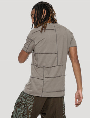 Cement beige Patchwork Short Sleeves Tee by Psylo Fashion