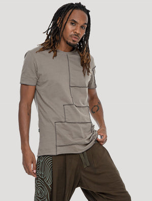 Cement beige Patchwork Short Sleeves Tee by Psylo Fashion