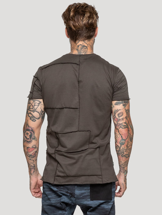 Olive green Patchwork Short Sleeves Tee by Psylo Fashion