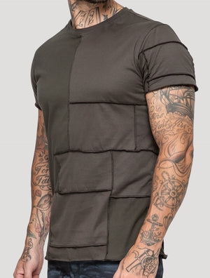 Olive green Patchwork Short Sleeves Tee by Psylo Fashion