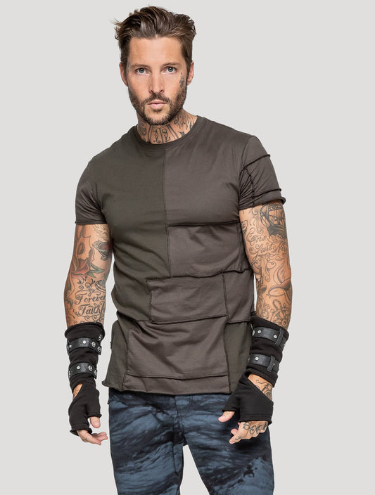 Olive green Patchwork Short Sleeves Tee by Psylo Fashion
