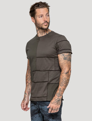 Olive green Patchwork Short Sleeves Tee by Psylo Fashion